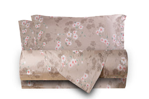 Completo letto lenzuola stampato stampa fantasia in raso di puro di cotone made in Italy MATRIMONIALE KYOTO BEIGE - Vanita di raso